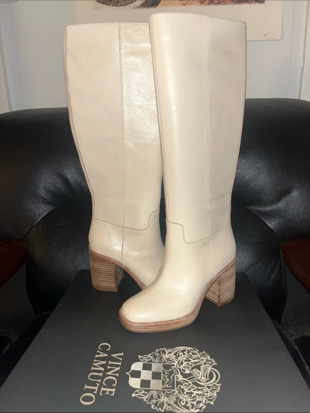 Vince Camuto Cream Leather Over-the-Knee Block Heel Boots